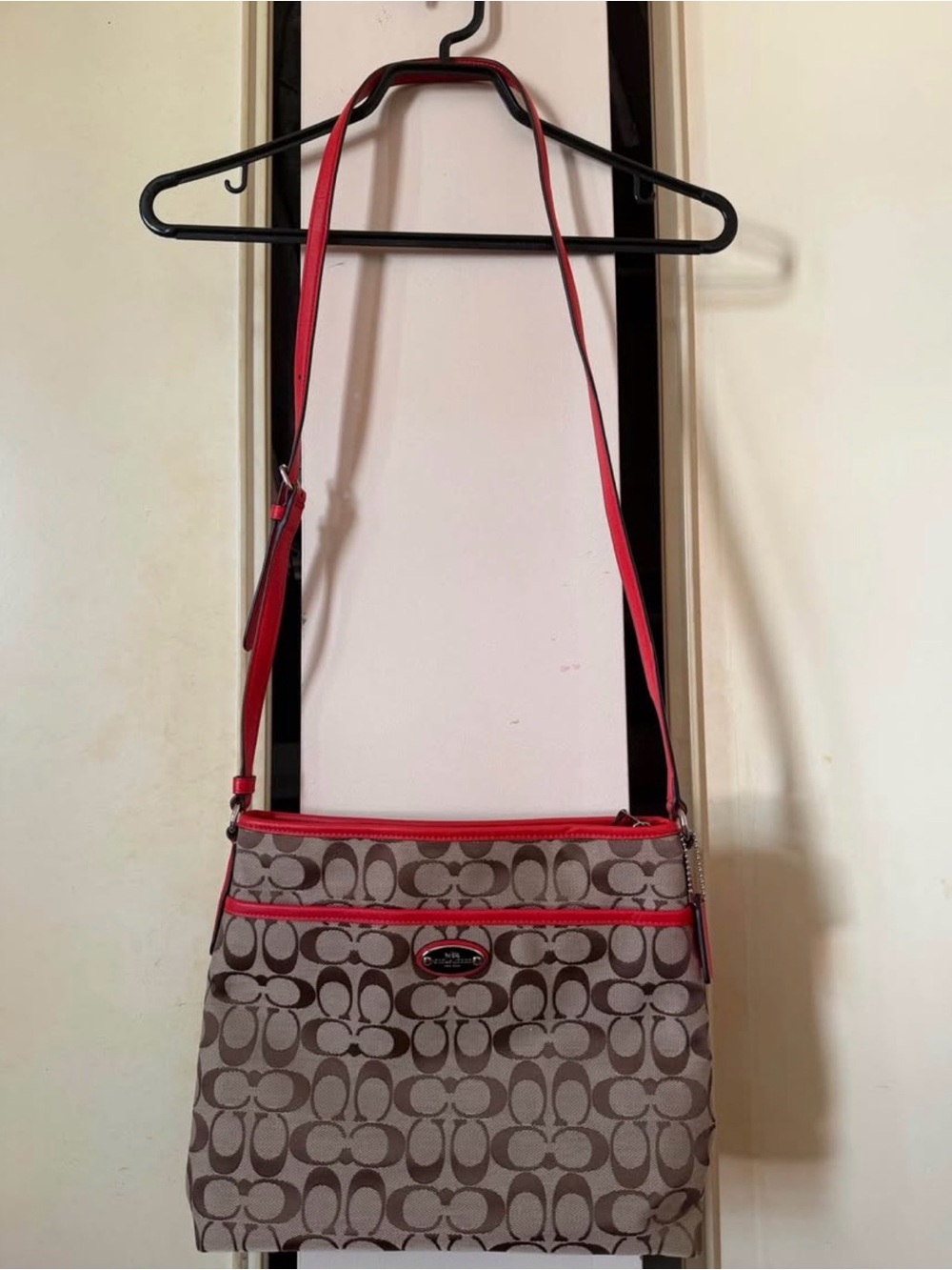 Coach Khaki and Red Signature Crossbody